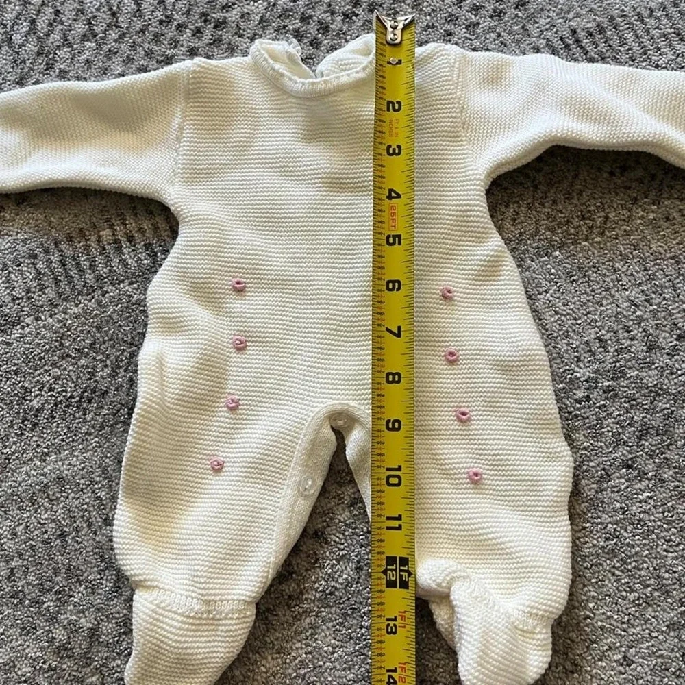 Vintage hand knit cotton dainty flower romper 0-3